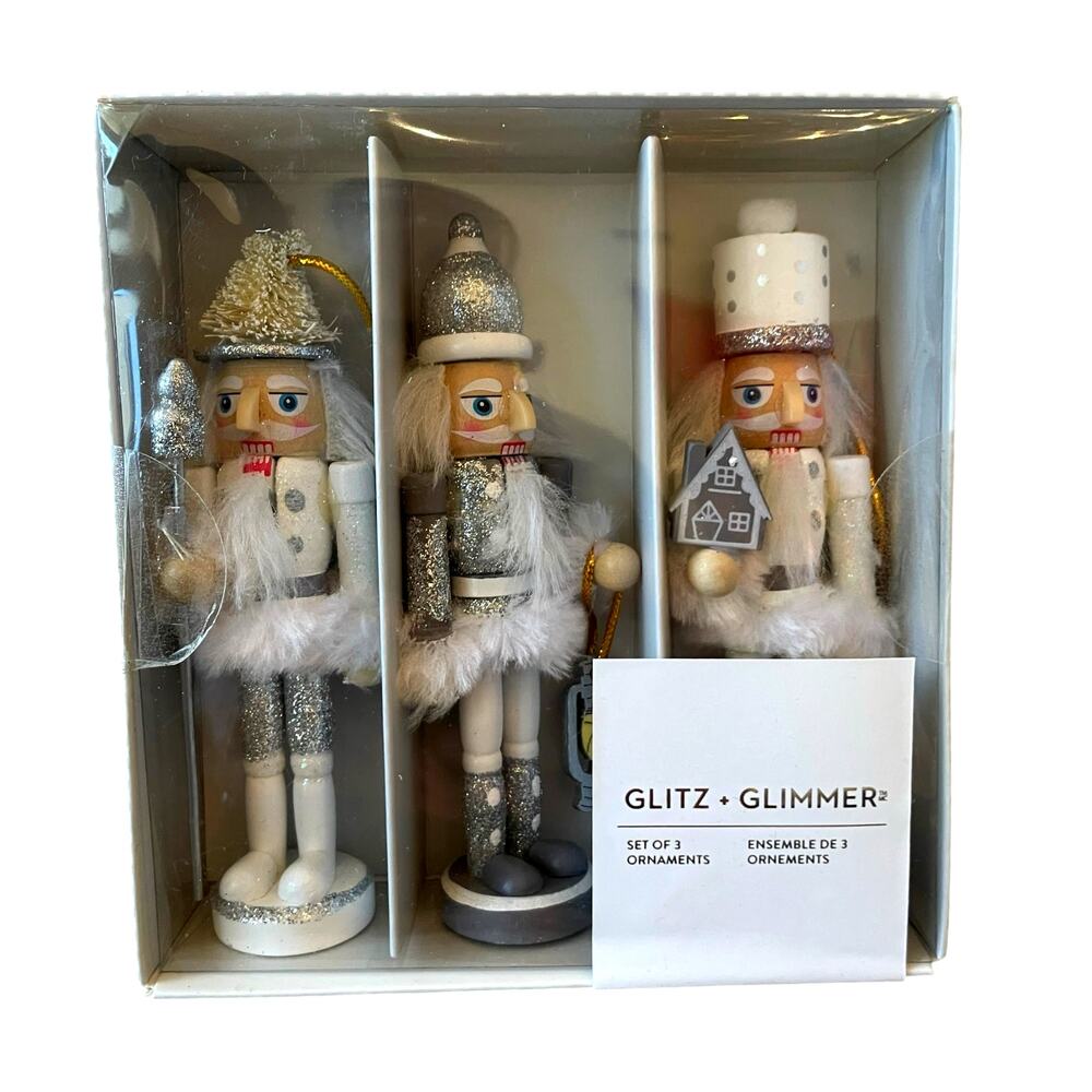 Set of 3 Glitter Nutcracker Ornaments 5in Wood Silver & Gold Holiday Glam NEW